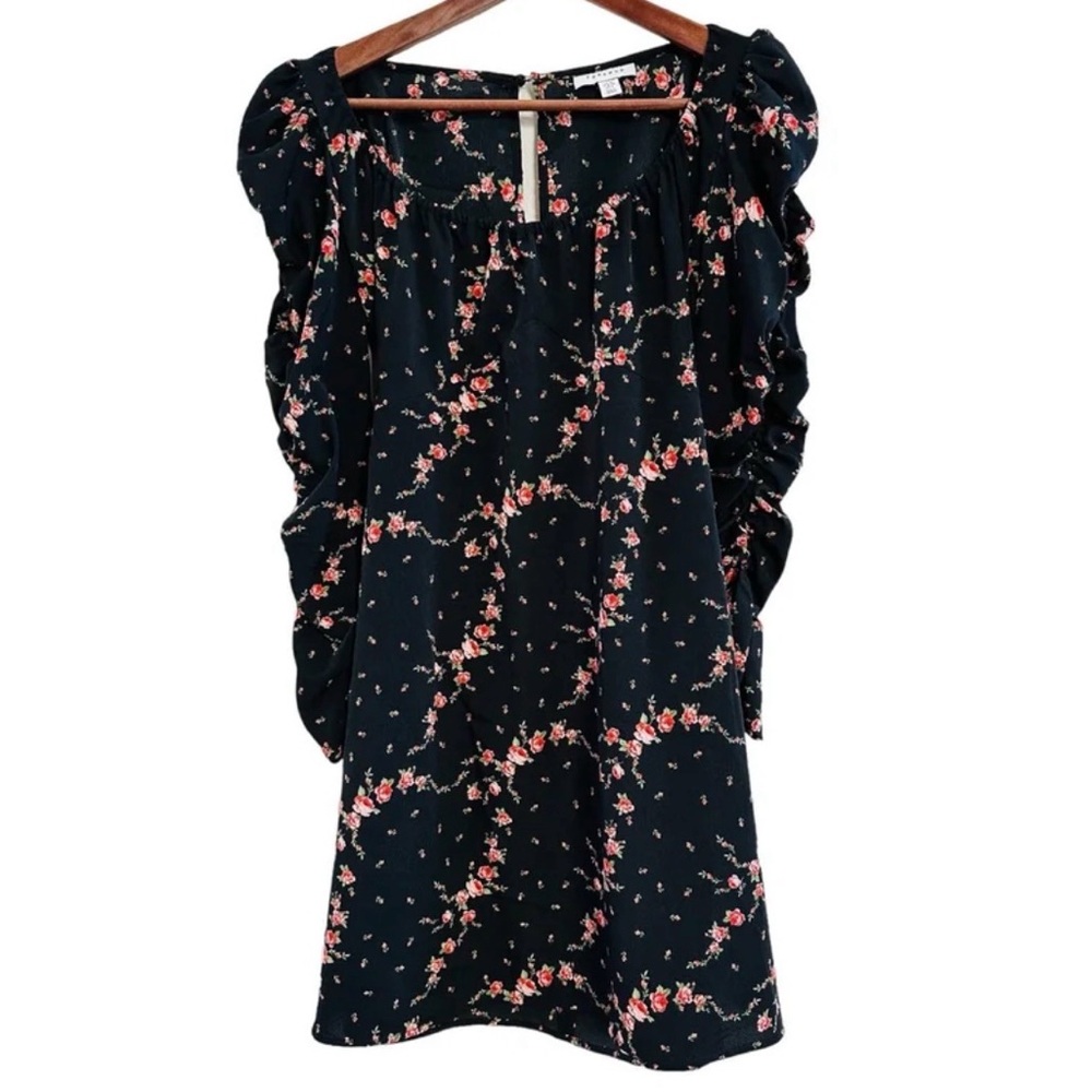 Topshop Black Floral Pink Ruched Long Sleeve Mini Dress size 6 - Picture 2 of 10